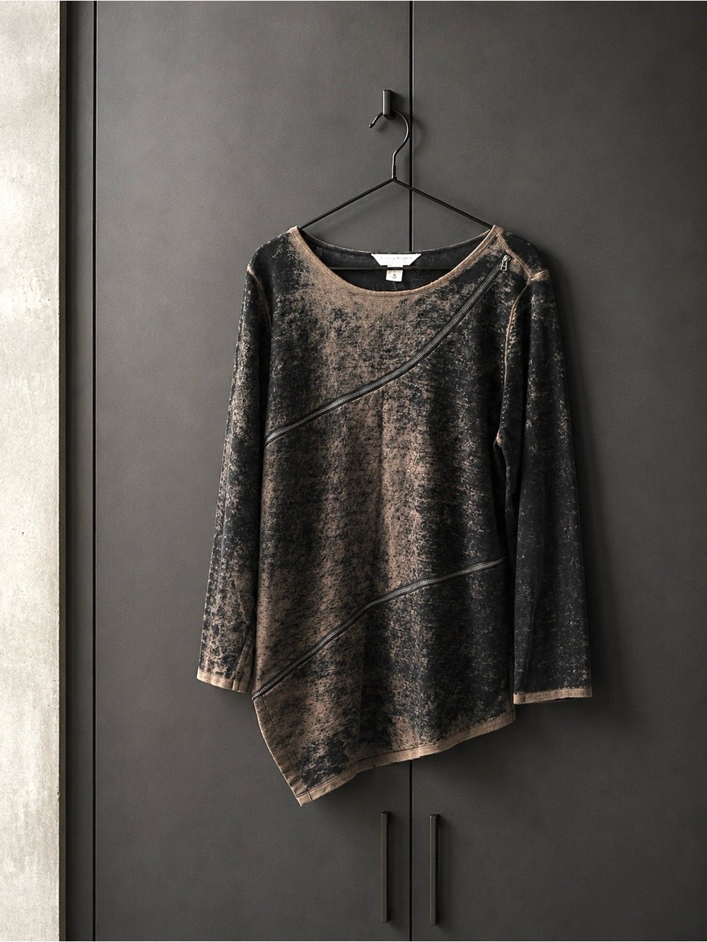 Bianca Nygard Asymmetrical Zip Tunic Top in Black and Taupe